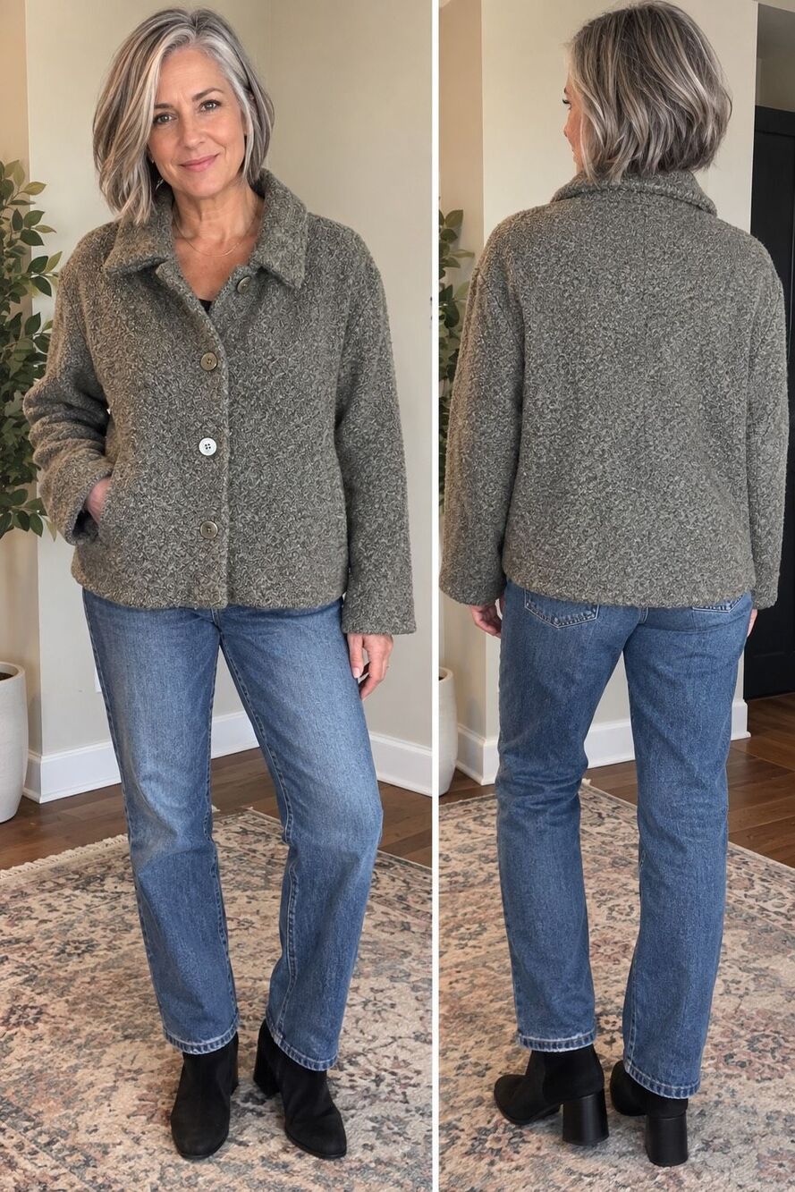 Eileen Fisher Green Wool Boucle Jacket Large Made USA Quiet Luxury Vintage